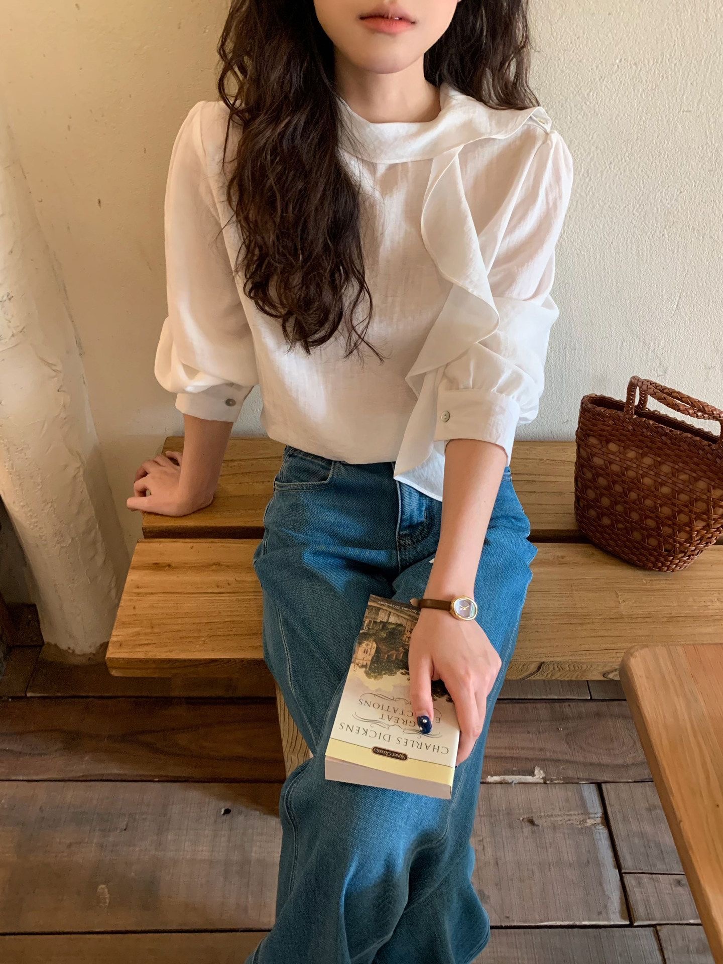 Retro Hong Kong Style Ruffled Ribbon Tencel Shirt Women's Spring Summer Loose Textured Long Sleeve Versatile Base Top - Image 3