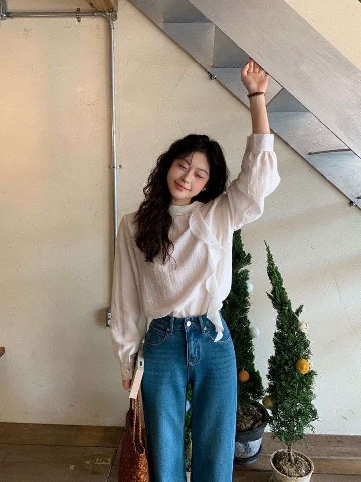 Retro Hong Kong Style Ruffled Ribbon Tencel Shirt Women's Spring Summer Loose Textured Long Sleeve Versatile Base Top - Image 4