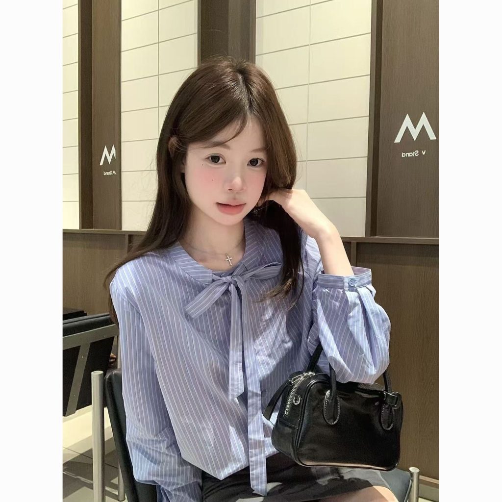 Blue Striped Lace-Up Shirt with Bow Casual Long Sleeve Blouse for Women