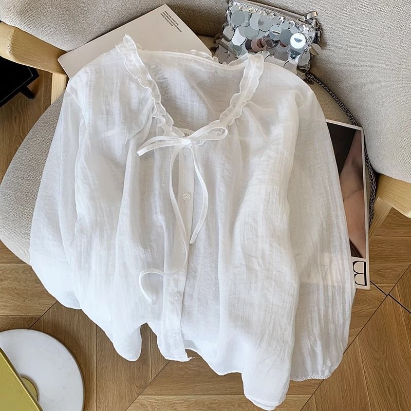 Women's Dot Print Tie-Front V-Neck Lightweight Shirt Summer Sun Protection Blouse - Image 3