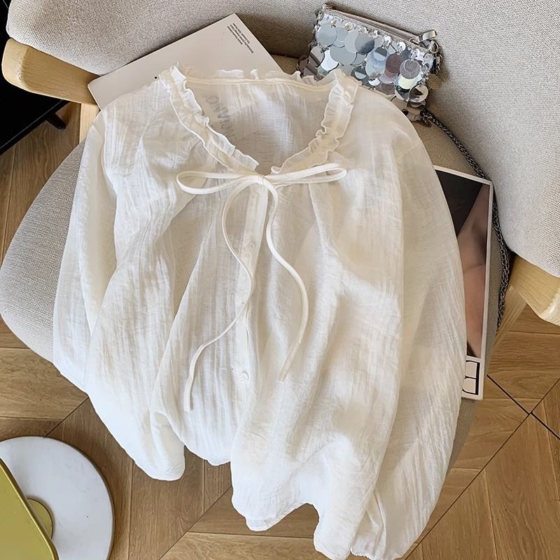 Women's Dot Print Tie-Front V-Neck Lightweight Shirt Summer Sun Protection Blouse - Image 5
