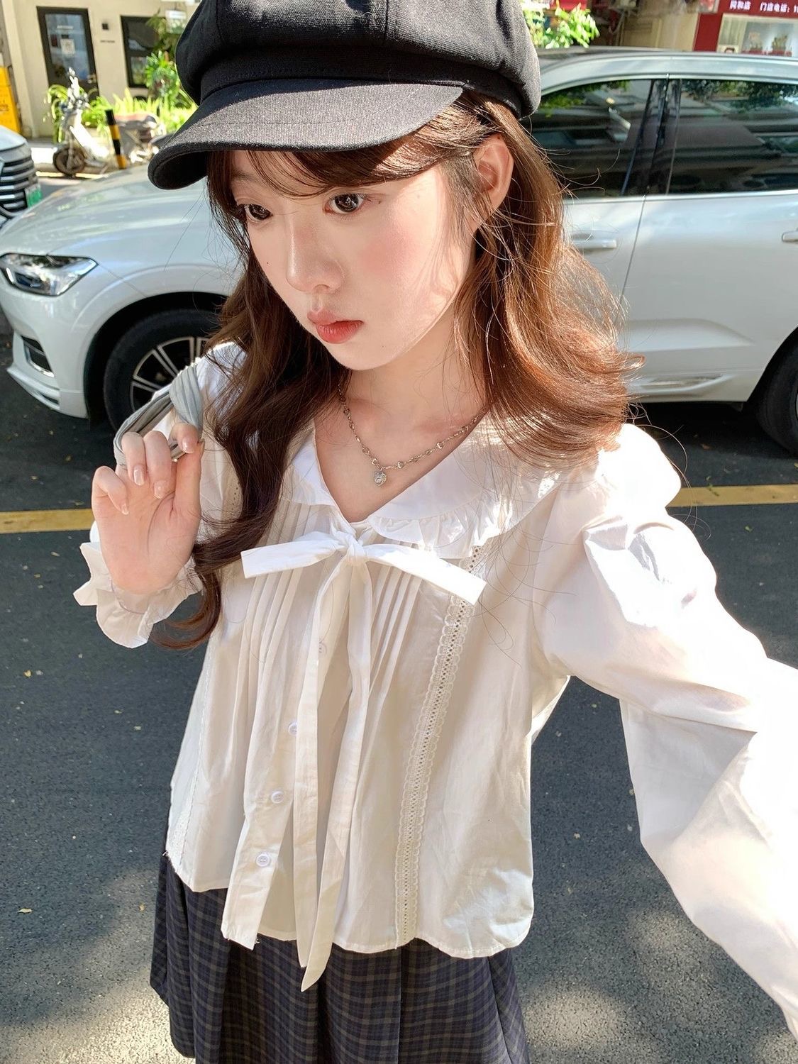 French Doll Style Long Sleeve White Lace Patchwork Shirt with Tie Autumn Top for Women - Image 2