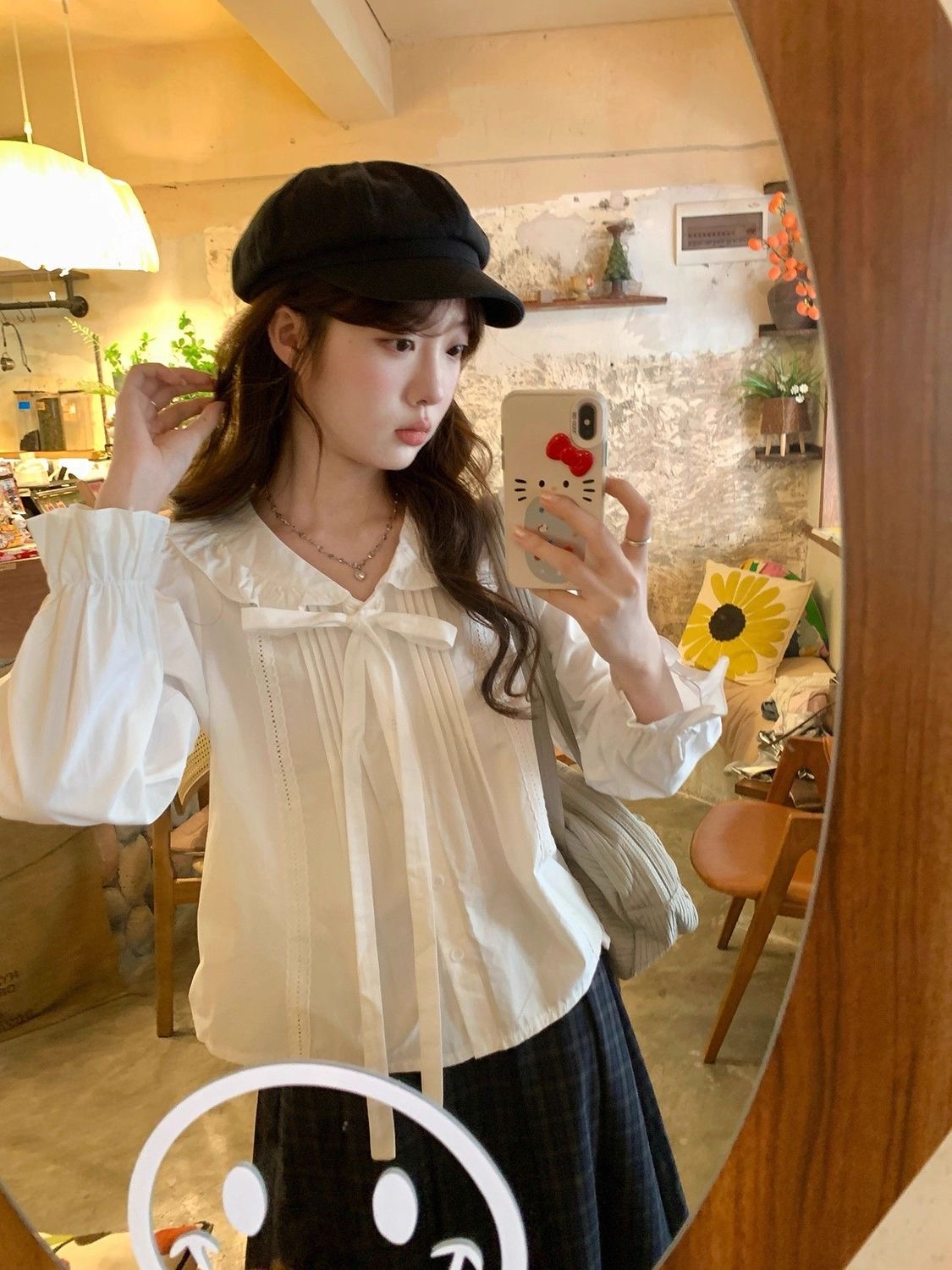 French Doll Style Long Sleeve White Lace Patchwork Shirt with Tie Autumn Top for Women
