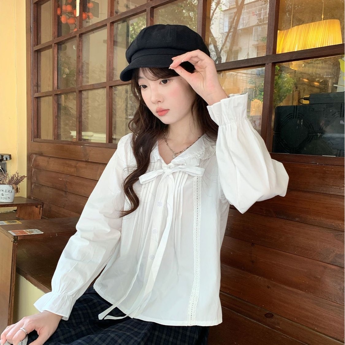 French Doll Style Long Sleeve White Lace Patchwork Shirt with Tie Autumn Top for Women - Image 3