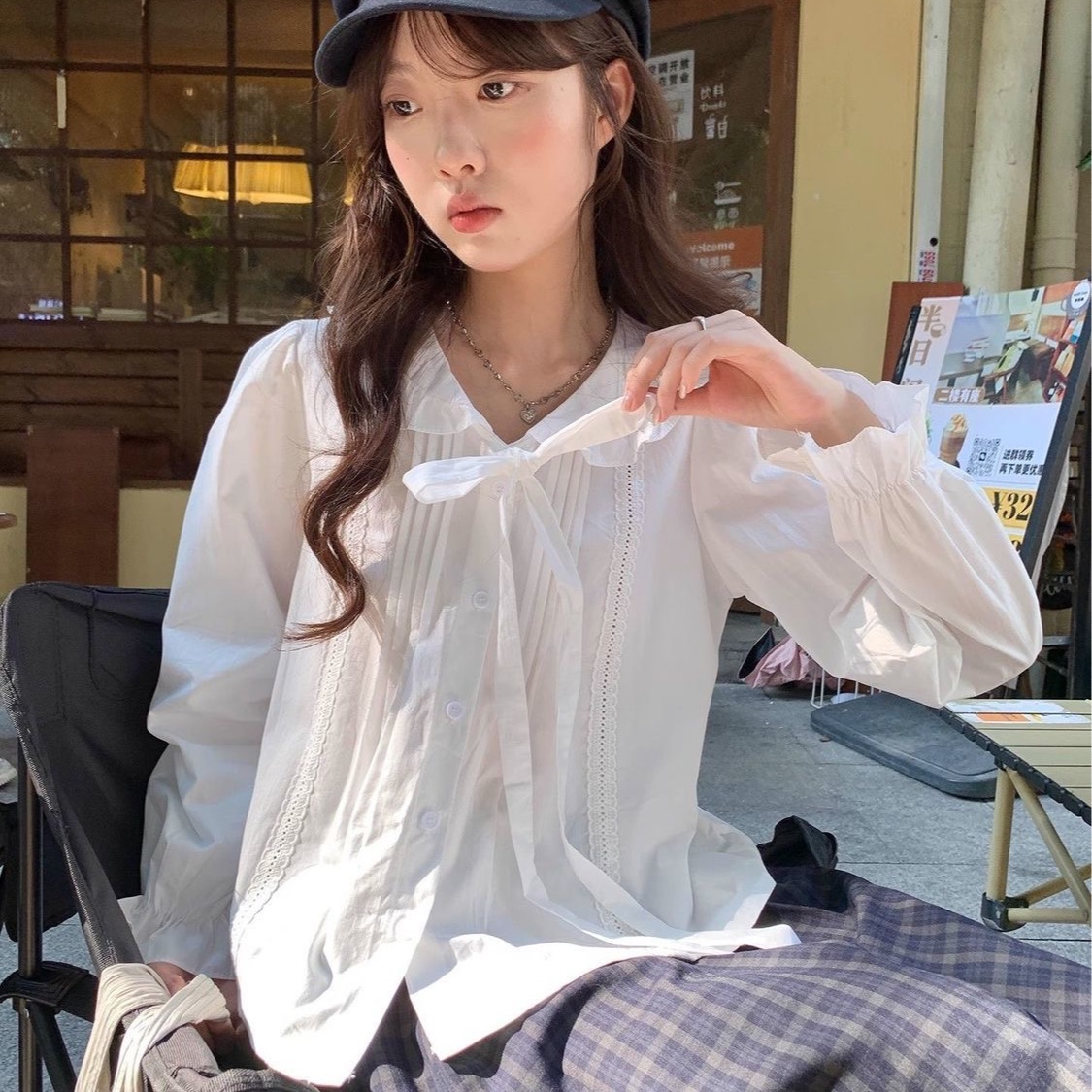 French Doll Style Long Sleeve White Lace Patchwork Shirt with Tie Autumn Top for Women - Image 5