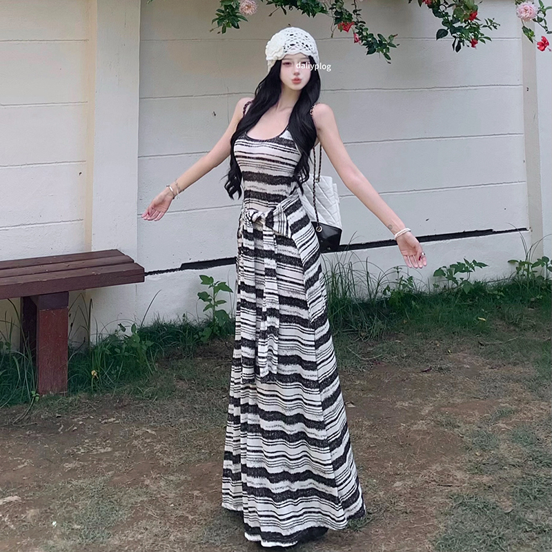 Women's Striped Tie-Front Sleeveless Bodycon Long Dress Summer - Image 2