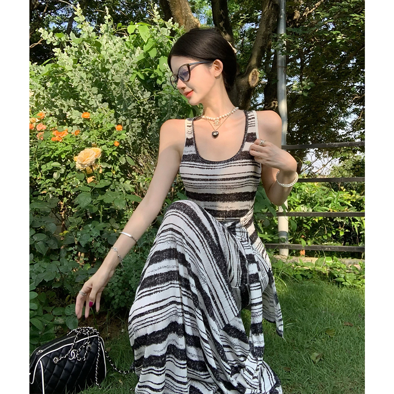 Women's Striped Tie-Front Sleeveless Bodycon Long Dress Summer - Image 3