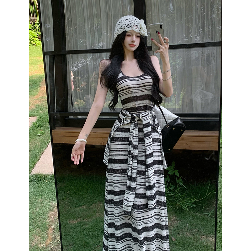Women's Striped Tie-Front Sleeveless Bodycon Long Dress Summer - Image 4