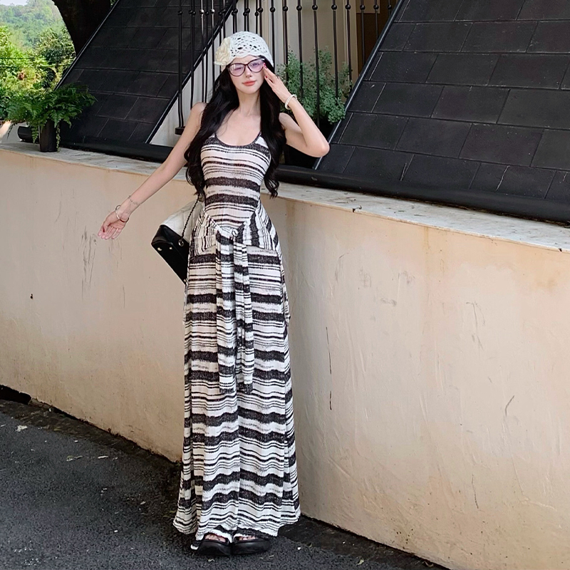 Women's Striped Tie-Front Sleeveless Bodycon Long Dress Summer - Image 5